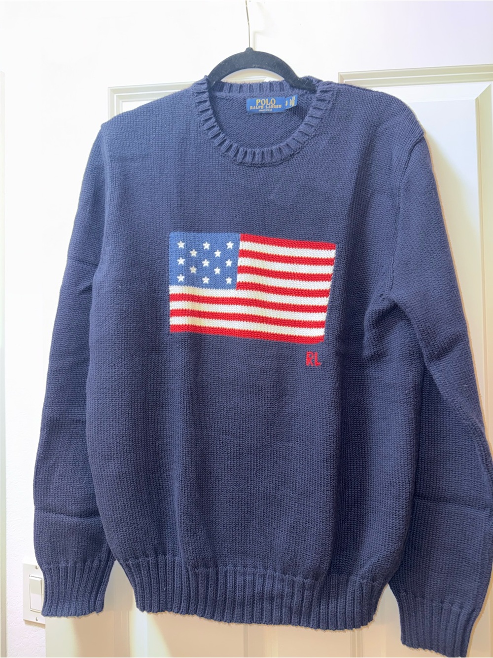 Ralph Lauren Navy Crewneck Sweater with American Flag Knit